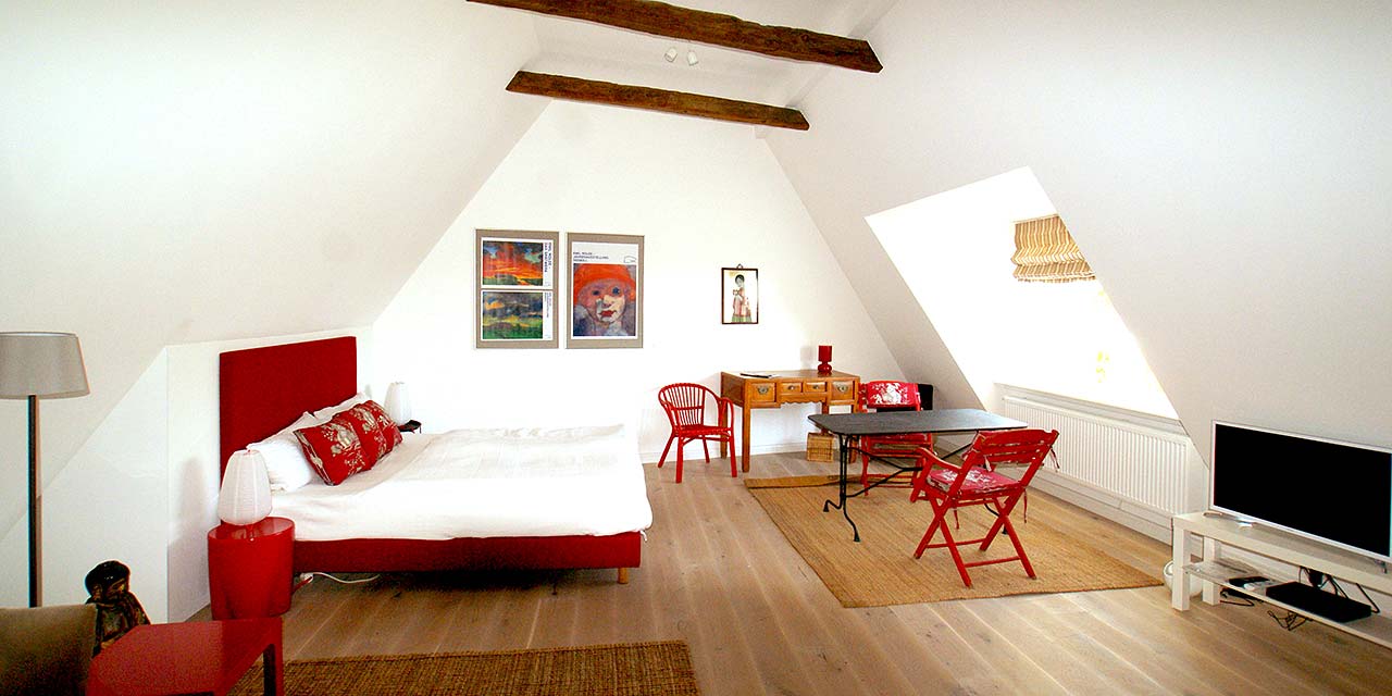 offener Wohnraum mit Bett und TV